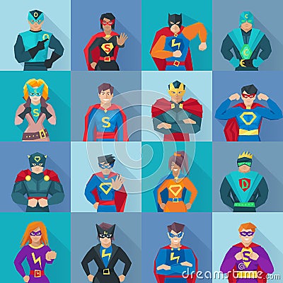 Superhero Square Icons Set Vector Illustration