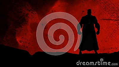 Superhero Standing in Grunge Rain Red Background Stock Photo