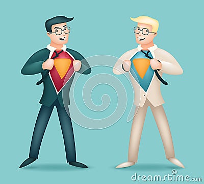 Superhero Suit under Shirt Happy Smiling Businessman Turns Vector Illustration