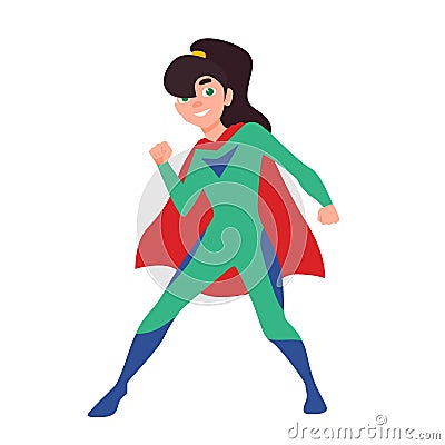 Superhero, superkid or supergirl. Cute girl with ponytail wearing bodysuit and cape. Confident and brave fantastic Vector Illustration