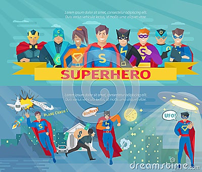 Superhero Team Banners Set Vector Illustration