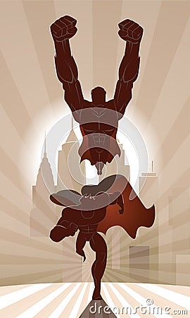 Superhero Team; Team of superheroes, flying and running in front of a urban background. Vector Illustration