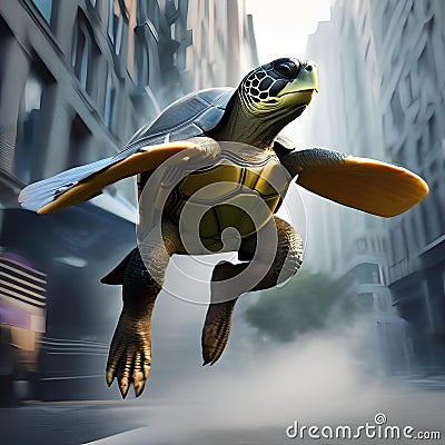 A superhero turtle in a caped costume, flying through the air to save the day1 Stock Photo