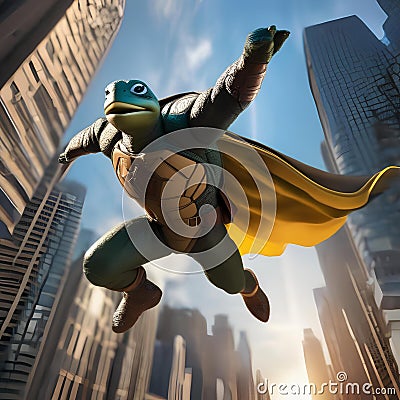 A superhero turtle in a caped costume, flying through the air to save the day2 Stock Photo