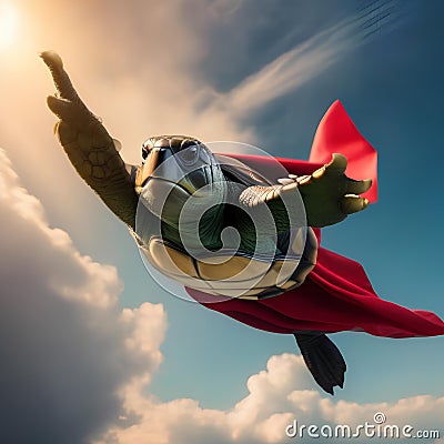 A superhero turtle in a caped costume, flying through the sky to save the day3 Stock Photo