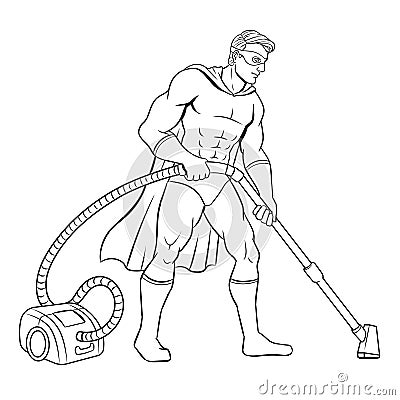 Superhero with vacuum cleaner coloring book vector Vector Illustration