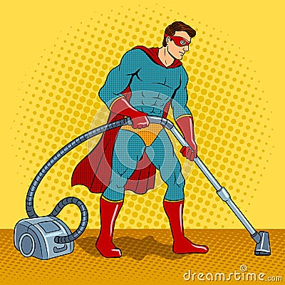 Superhero with vacuum cleaner pop art vector Vector Illustration