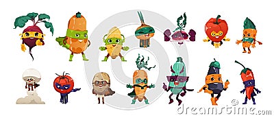 Superhero vegetables. Funny cartoon organic food in colorful hero costume, funny fresh superfood in masks and cape Vector Illustration