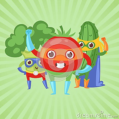 Superhero vegetables in masks vector illustration. Cute childish cartoon veggie characters in costumes of superheros Vector Illustration