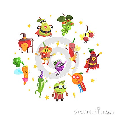 Superhero Vegetables Pattern of Round Shape, Funny Vegetables Dressed in Superhero Costumes Design Cartoon Vector Vector Illustration