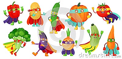 Superhero vegetables. Super cucumber, hero mask on pumpkin and vegetable food with superheroes cloak cartoon vector Vector Illustration