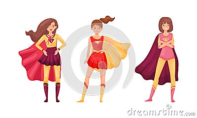 Superhero Woman Character in Waving Cloak Rushing to Rescue Vector Set Vector Illustration