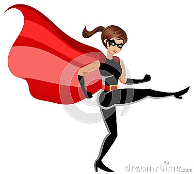 Superhero woman fighting kicking isolated Vector Illustration