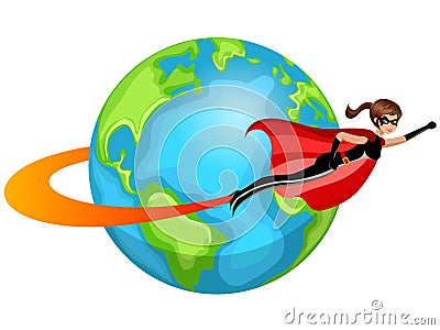 Superhero woman flying around world isolated Vector Illustration