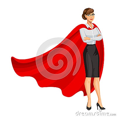 Superhero woman in red cape, female hero, businesswoman Vector Illustration