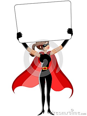 Superhero woman standing holding blank banner isolated Vector Illustration