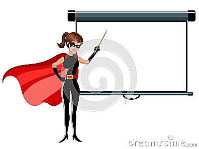 Superhero woman stick teaching blank projector screen isolated Vector Illustration