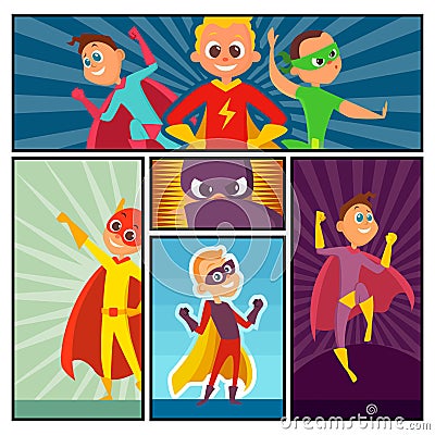 Superheroes banners. Kids heroes characters in action poses comic super persons colored vector cartoon mascot Vector Illustration