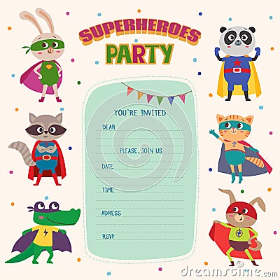 Superheroes. Card invitation with group of cute little animals Vector Illustration