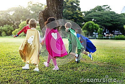 Superheroes Cheerful Kids Expressing Positivity Concept Stock Photo