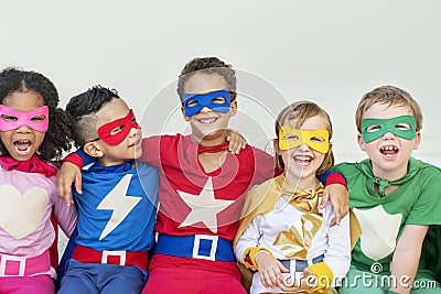 Superheroes Cheerful Kids Expressing Positivity Concept Stock Photo