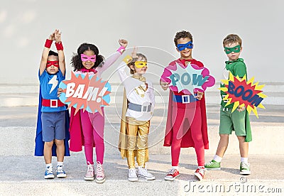 Superheroes Cheerful Kids Expressing Positivity Concept Stock Photo