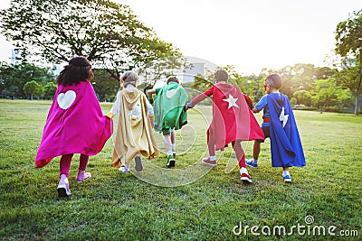 Superheroes Cheerful Kids Expressing Positivity Stock Photo