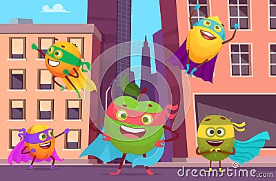 Superheroes in city. Urban landscape with fruits characters in action poses healthy food heroes vector background Vector Illustration