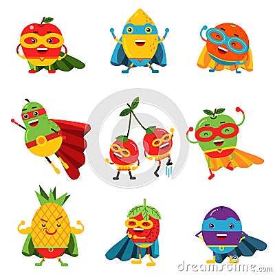 Superheroes fruits in different costumes set of colorful vector Illustrations Vector Illustration