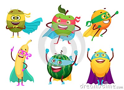 Superheroes fruits. Vegetables healthy food mascot heroes costumes orange garden apple berry vector characters Vector Illustration