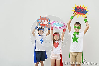 Superheroes Kids Costume Bubble Comic Concept Stock Photo