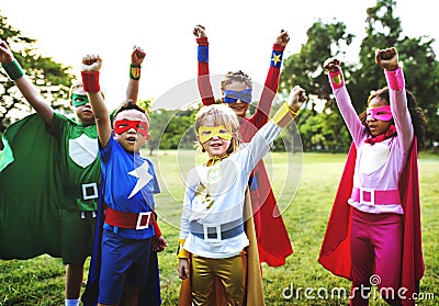 Superheroes Kids Friends Playing Togetherness Concept Stock Photo