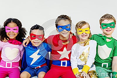 Superheroes Kids Friends Playing Togetherness Concept Stock Photo