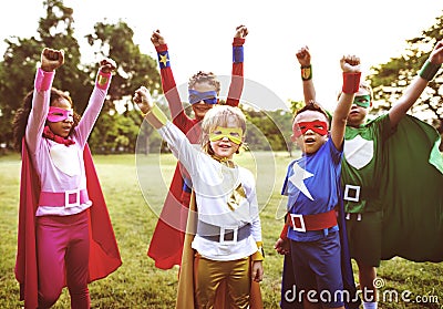 Superheroes Kids Friends Playing Togetherness Concept Stock Photo