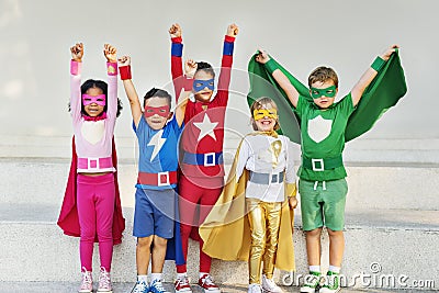 Superheroes Kids Friends Playing Togetherness Fun Concept Stock Photo