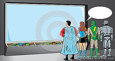 Superheroes looking at screen Vector Illustration