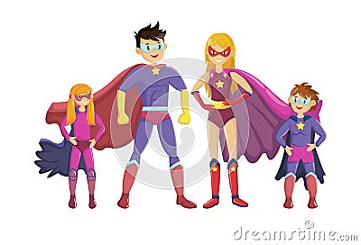 Superheroes smiling parents and their children stand showing muscles Vector Illustration