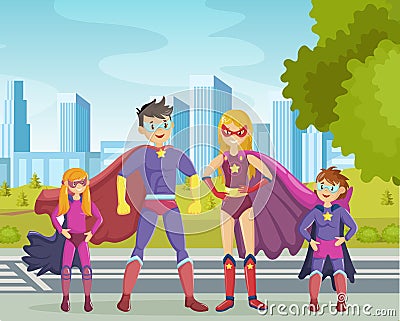 Superheroes smiling parents and their children stand showing muscles Vector Illustration