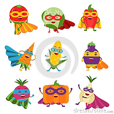 Superheroes vegetables in different costumes set of colorful vector Illustrations Vector Illustration