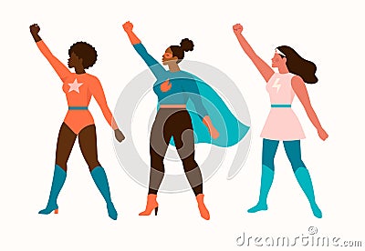 Superheroes women characters. Wonder female hero character in superhero costume with waving cloak disguise fitness female muscular Vector Illustration