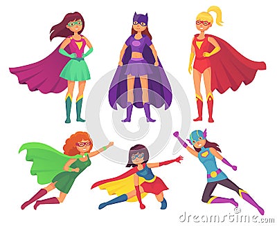 Superheroes women characters. Wonder female hero character in superhero costume with waving cloak. Super girls cartoon Vector Illustration