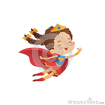 Superheroine Cute Girl Costume Vector Illustration. Little Kid wear Funny Cloak and Crown. Isolated Comic Character Vector Illustration