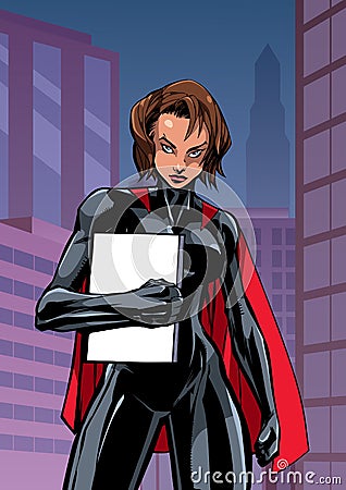 Superheroine Holding Book in City Vertical Vector Illustration