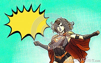 Superheroine Pop Art Comic Illustration with a speech bubble. Cartoon Illustration