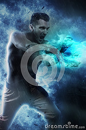 Superhuman making an energy blast Stock Photo