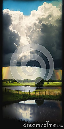 Superimposed rain over a lovely sunny day landscape art Stock Photo