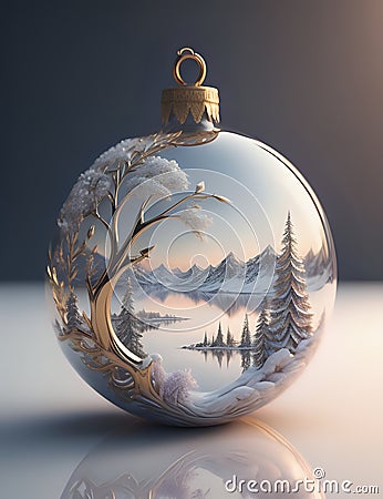 Superior Christmas bauble with a detailed painting of a winter landscape at a lake. Golden inlays. Stock Photo
