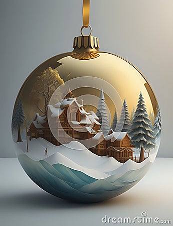 Superior Christmas bauble with a painting of a winter landscape, very detailed. Stock Photo