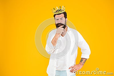 Superiority complex. Sense of self importance. Responsibility being king. Handsome bearded guy king. Narcissistic person Stock Photo