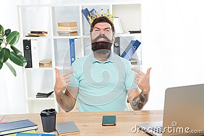 Superiority and self confidence. King of office. Serious boss at work place. Aggressive boss shouting at you. Fired Stock Photo